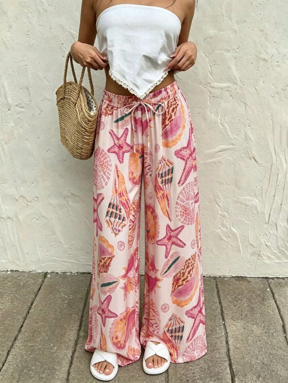 Pink Boho Women's High Waist Wide Leg Starfish Print Trousers - Picture 6 of 7